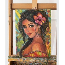 Portrait of a Tropical Girl from the Exotic Garden series by Marina Stognieva. Original oil painting on canvas, 30 × 40 cm